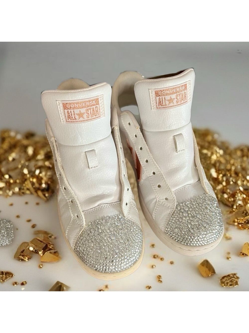 Converse Rose Gold White Sneakers Large Rhinestone Accents - Picture 6 of 8